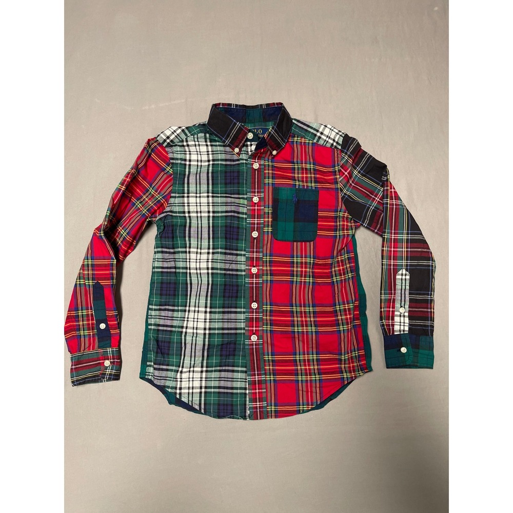 Polo Ralph Lauren Kids Patchwork Plaid Button Down Shirt Size 8 Natural Stretch